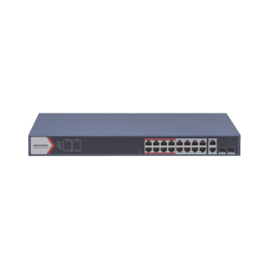 Switch PoE+ / Monitoreable / 16 puertos 10/100 Mbps PoE+ / 2 Puertos 1000 Mbps Uplink / 2 Puertos SFP de Uplink / Configuración Nube Hik-Partner Pro / Modo Extendido hasta 300 metros / 230 W