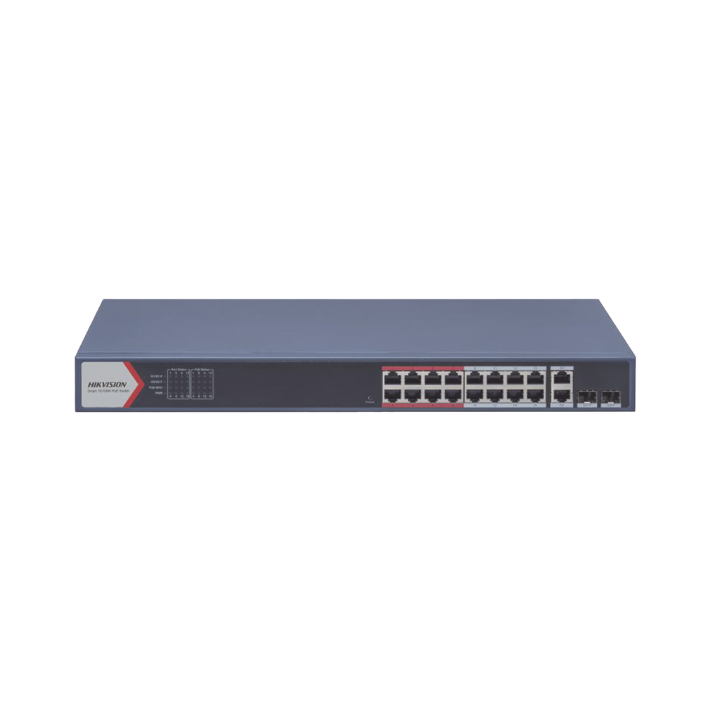 Switch PoE+ / Monitoreable / 16 puertos 10/100 Mbps PoE+ / 2 Puertos 1000 Mbps Uplink / 2 Puertos SFP de Uplink / Configuración Nube Hik-Partner Pro / Modo Extendido hasta 300 metros / 230 W