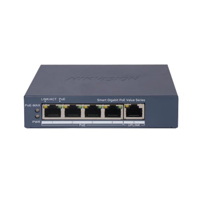 Switch Gigabit PoE+ / Monitoreable / 4 Puertos 1000 Mbps PoE+ / 1 Puerto 1000 Mbps Uplink / Configuración Nube Hik-PartnerPro / Modo Extendido hasta 300 Metros / 45 Watts (DS-3E1505P-EI/M)