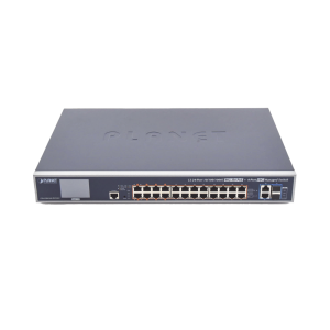 Switch Administrable L3, 24 puertos Gigabit PoE 802.3bt, 2 puertos 10G SFP+, Pantalla Tactil, Fuente Redundante, (600W)