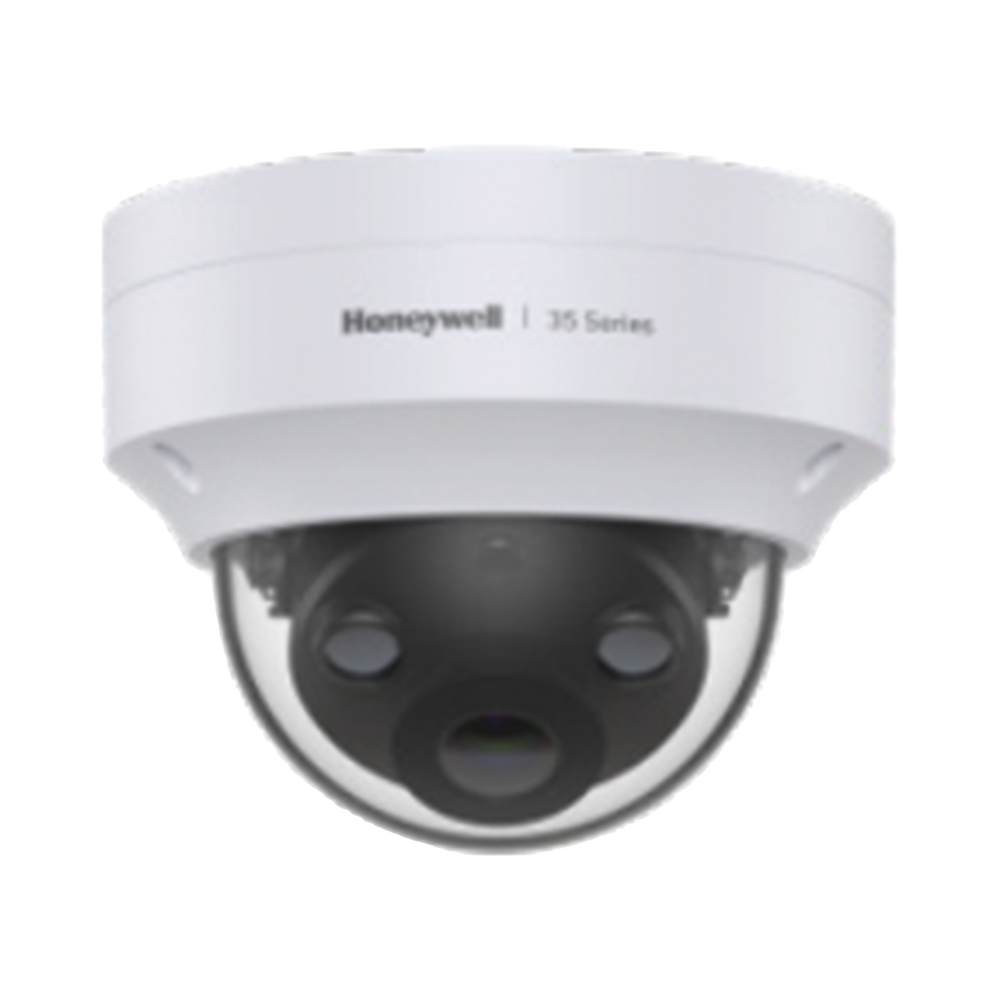 Domo IP 5 Megapíxeles / Lente 2.8 mm / 40 mts IR / Ultra Baja Iluminación / NDAA / ONVIF / IP67 / IK10 / IA (Filtro de Humanos y Vehiculos) / Conteo de Personas / Merodeo / H.265 / PoE / Alarmas I/O / Serie 35 / Honeywell Security