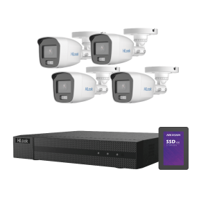 Kit TurboHD 1080p + SSD 500 GB / DVR 4 Canales / 4 Cámaras Bala ColorVu con Micrófono Integrado / Fuente de Poder / Accesorios de Instalación