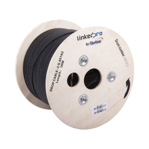 Carrete de 1 km de Fibra ?ptica Drop, Interior/Exterior G.657A2 Monomodo de 2 Hilos (Bifibra), Dise?ada para Fusionarse, Diel?ctrica, Forro Negro, (No Soporta Conectores Mec?nicos)