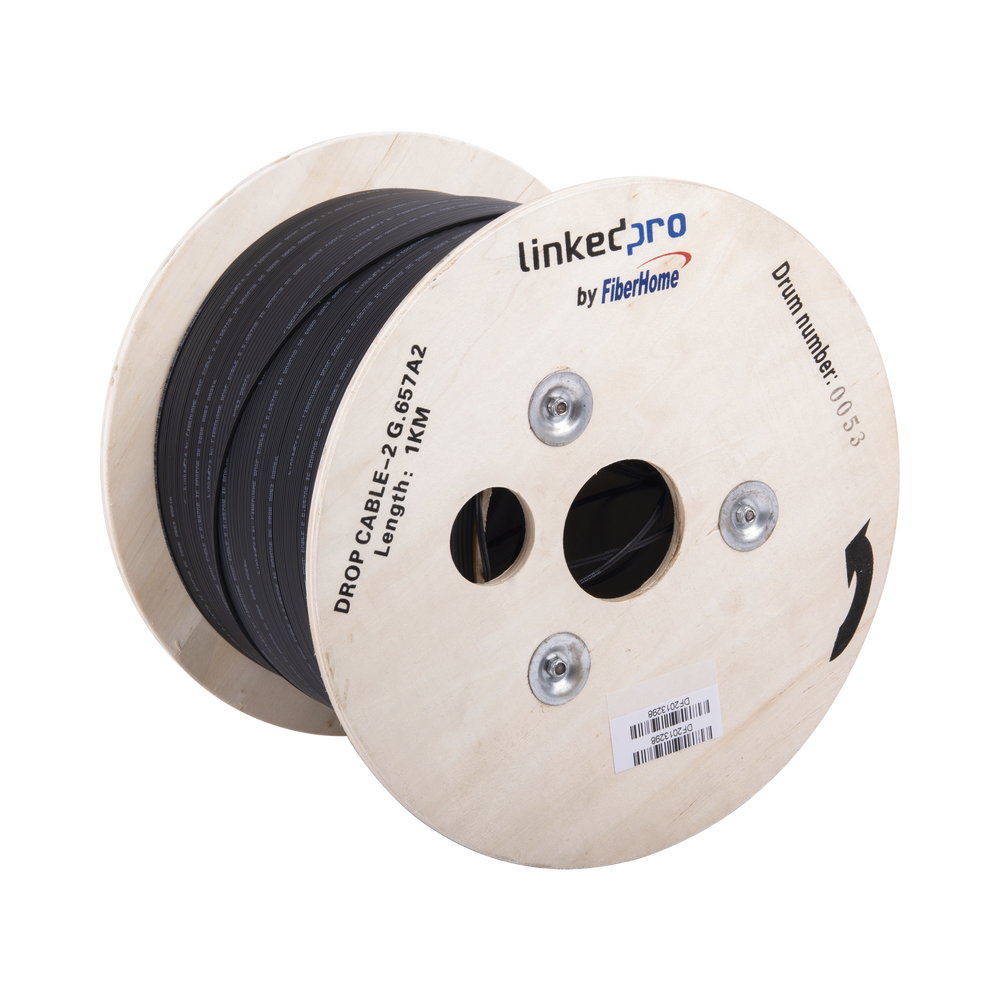 Carrete de 1 km de Fibra ?ptica Drop, Interior/Exterior G.657A2 Monomodo de 2 Hilos (Bifibra), Dise?ada para Fusionarse, Diel?ctrica, Forro Negro, (No Soporta Conectores Mec?nicos)