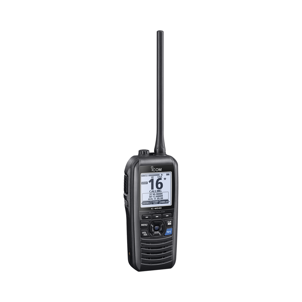Radio portátil marino flotante con receptor AIS y GPS incluido, Tx: 156.025-157.425 MHz Rx: 156.050-163.275 MHz, opera en canales INT, USA, CAN, WX, Incluye antena, batería, cargador, cable de encendedor y clip.