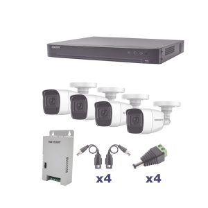 KIT TurboHD 1080p / DVR 4 Canales / 4 Cámaras Bala Policarbonato con Audio Integrado (exterior 2.8 mm) / Transceptores / Conectores / Fuente de Poder Profesional