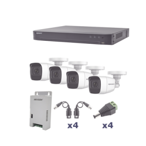 KIT TurboHD 1080p / DVR 4 Canales / 4 Cámaras Bala Policarbonato con Audio Integrado (exterior 2.8 mm) / Transceptores / Conectores / Fuente de Poder Profesional (KEVTX8T4BW/A)