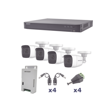 KIT TurboHD 1080p / DVR 4 Canales / 4 Cámaras Bala Policarbonato con Audio Integrado (exterior 2.8 mm) / Transceptores / Conectores / Fuente de Poder Profesional (KEVTX8T4BW/A)