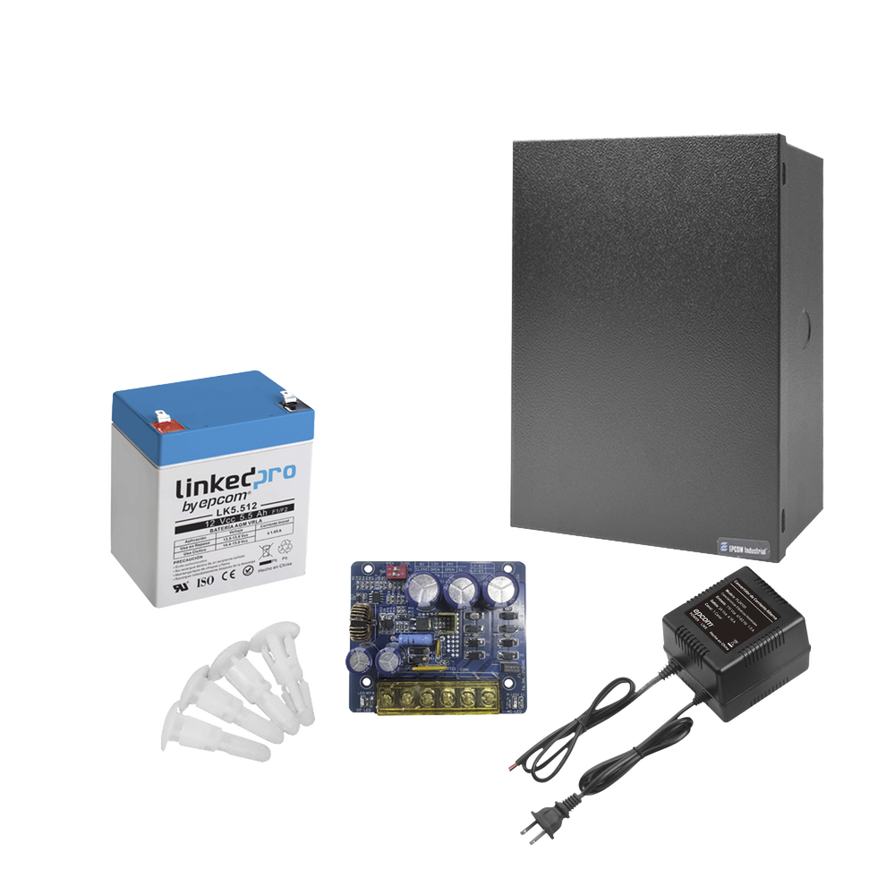Kit con fuente PLB3 con salida de 12 Vcc a 4 Amper, incluye transformador y batería de 12 V a 5.5 Amper