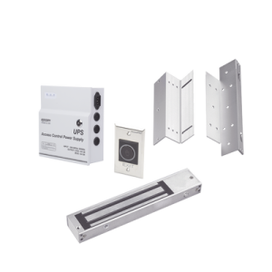 Kit para control de acceso incluye Fuente de 12VCD con respaldo de batería/ Chapa magnética de 600Lbs / Montajes L y Z / Botón de salida  (KITMAG12V)