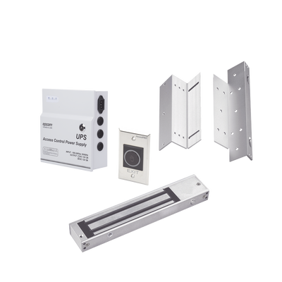 Kit para control de acceso incluye Fuente de 12VCD con respaldo de batería/ Chapa magnética de 600Lbs / Montajes L y Z / Botón de salida (KITMAG12V)