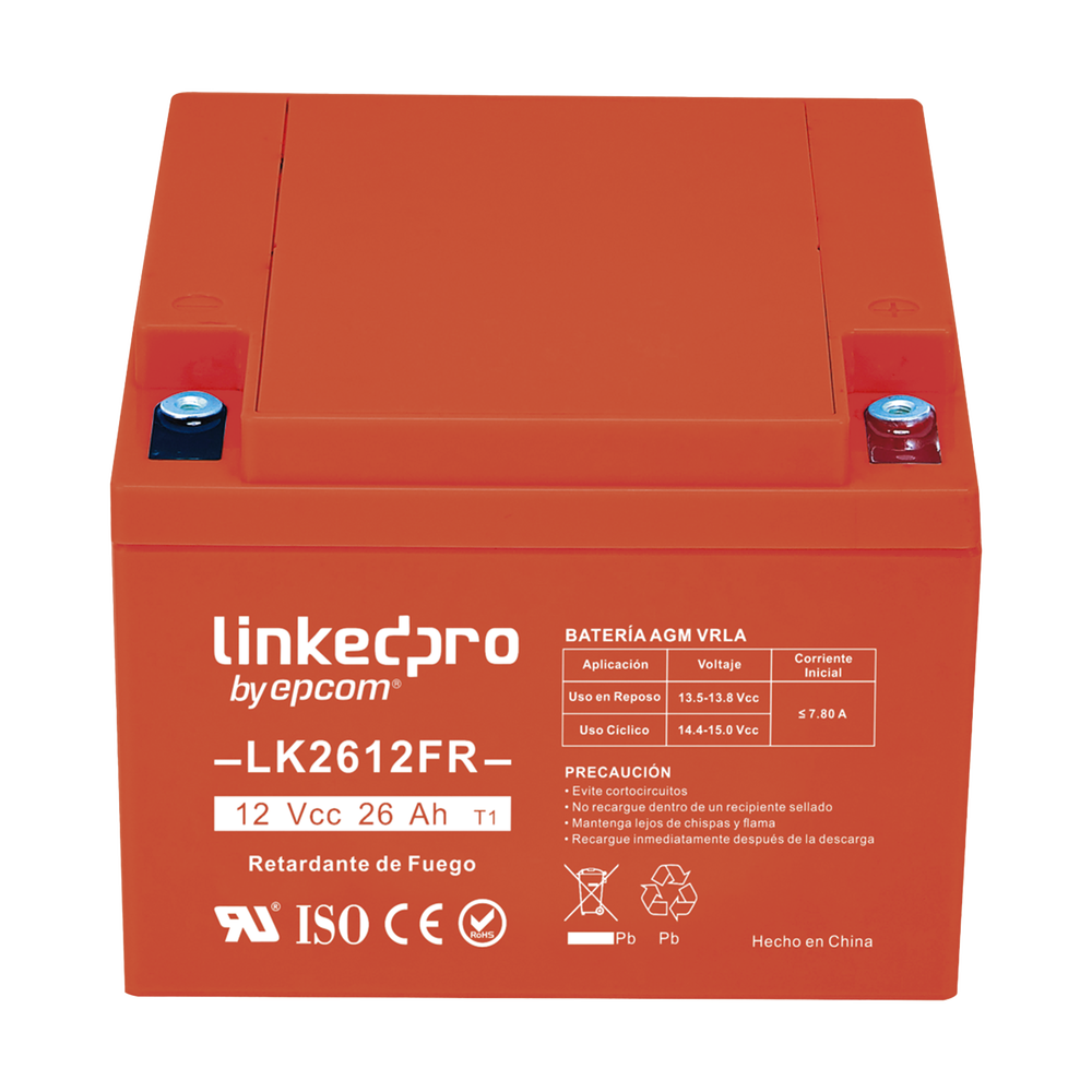 Batería de respaldo 12 V| 26 Ah | AGM | Certificada UL94-V0 Retardante a la Flama | Especial para Seguridad Electrónica | UPS | Sistemas de Emergencia | Vida útil 5 años | Terminales T1