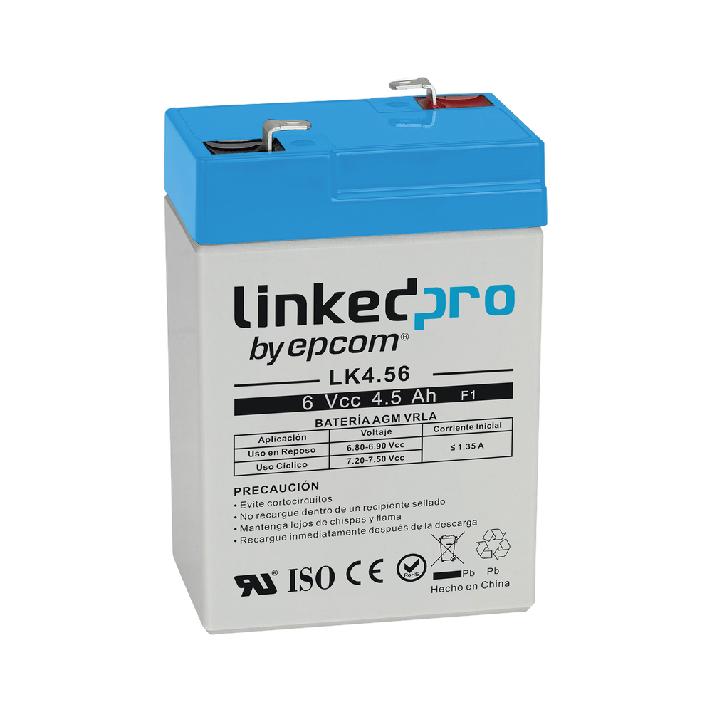 Batería de respaldo 6 V | 4.5 Ah | AGM | Especial para Seguridad Electrónica | UPS | Sistemas de Emergencia | Vida útil 5 años | Terminales F1 + Adaptador F2