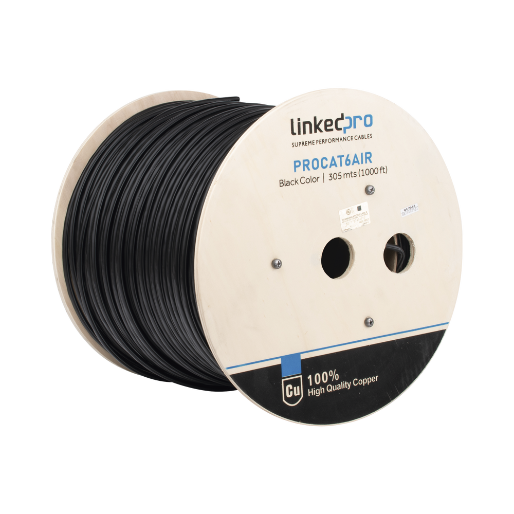 Bobina de Cable FTP con Mensajero de Acero de 305 Metros (1000 Pies) Cat6+ Calibre 23, Color Negro, para Aplicaciones en Video Vigilancia y Redes de Datos / Uso en Intemperie y Aplicaciones A?reas