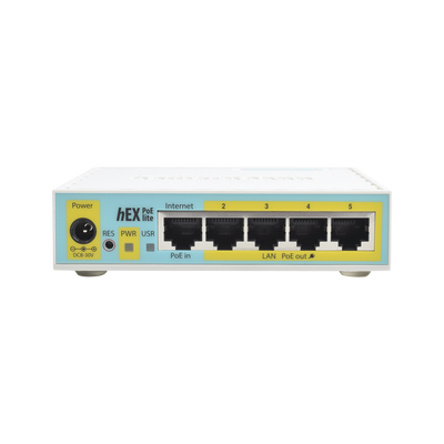 (hEX PoE LITE) RouterBoard, 5 Puertos Fast Ethernet, 4 con PoE Pasivo, 1 Puerto USB (RB750UPR2)