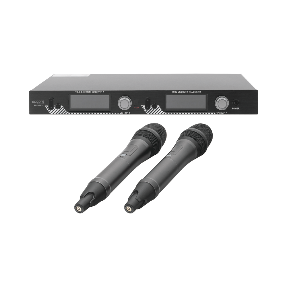 Kit de Microfonía inalámbrico | 2 Micrófonos de mano | Receptor UHF | Pantalla LCD | 200 Canales | Gran cobertura