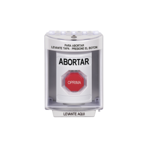 Botón de Abortar, Bocina de Advertencia Integrada, Texto en Español, Tapa Protectora de Policarbonato Súper Resistente con Espaciador, Restablecimiento con Llave