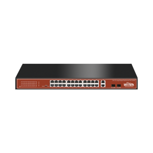 Switch PoE (802.3af/at/bt) / No administrable de largo alcance / Hasta 250m / Con 24 x 10/100Mbps + 2 x SFP Gigabit Combo / 250 W
