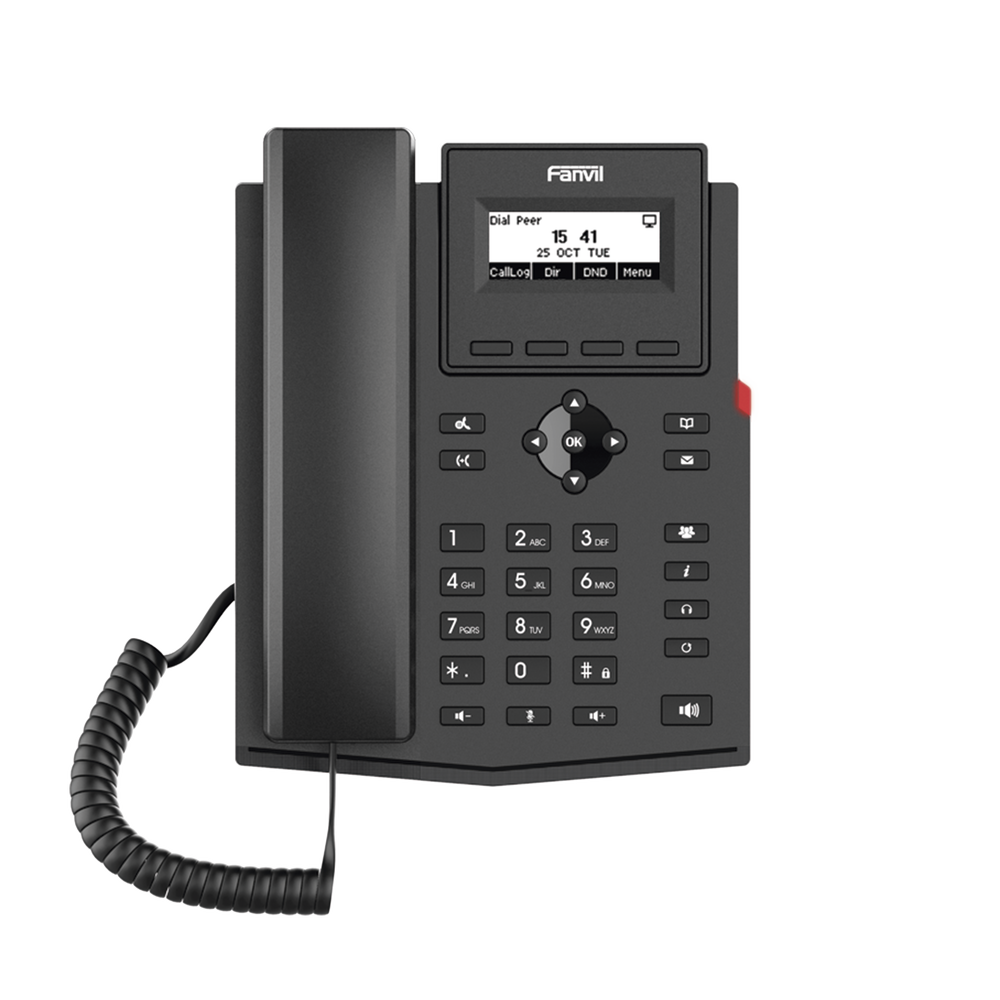 Teléfono IP empresarial para 2 lineas SIP con pantalla LCD, Puertos Gigabit, Códec Opus, conferencia de 6 vías, PoE.