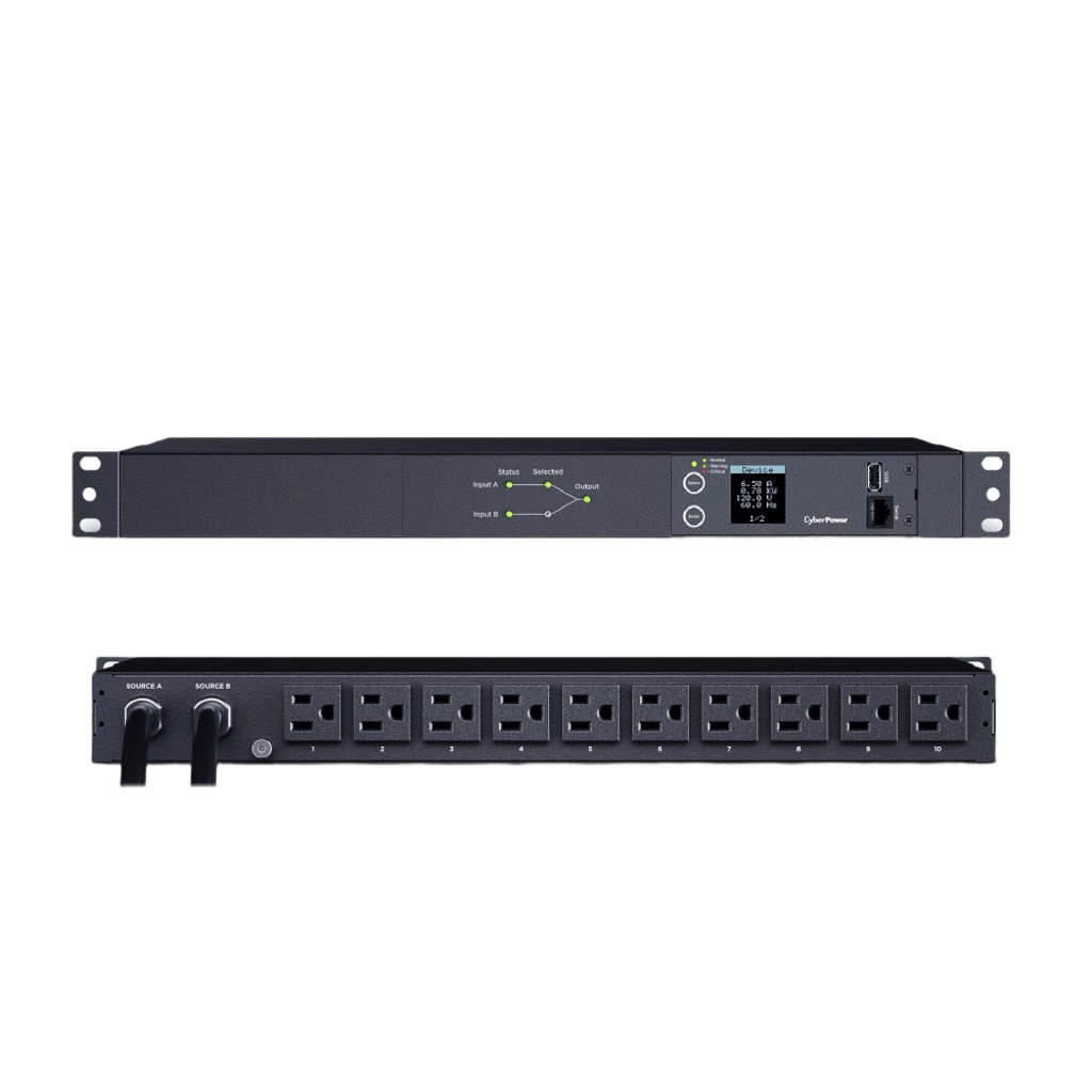PDU ATS (Fuente Redundante Auto-transferible) Medible, Para Distribución de Energía, 2 Entradas 120 Vca NEMA5-15P, Con 10 Salidas NEMA 5-15R, Horizontal 19in, 1UR - Image 2