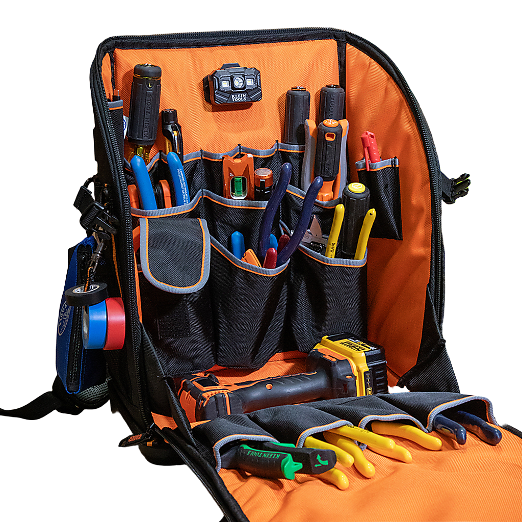 Mochila Profesional para Herramientas / 27 Bolsillos / Acceso Rápido y Estación de Trabajo / Base Moldeada Ancha / Interior Naranja / USB-C / Soporte para Lámpara - Image 4