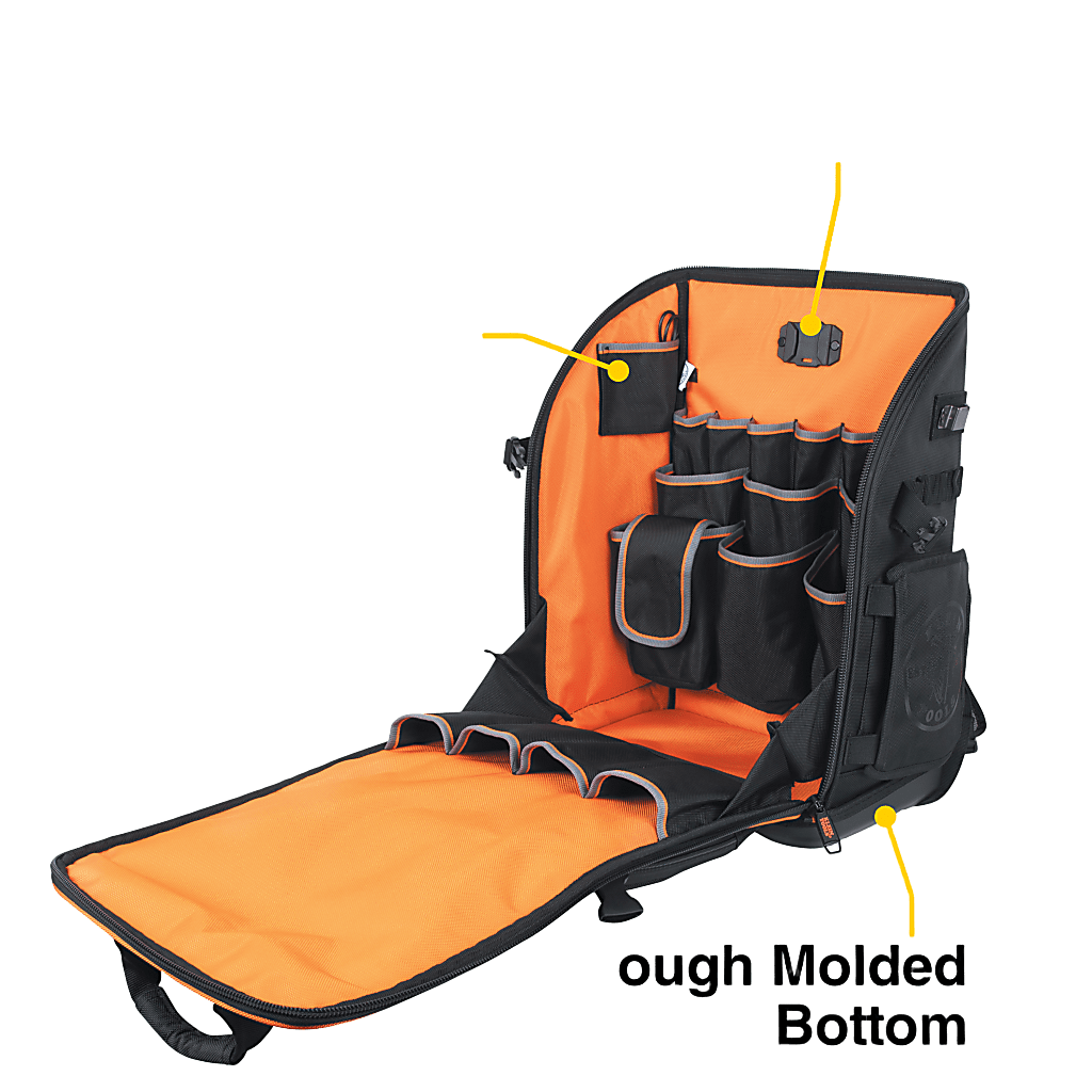 Mochila Profesional para Herramientas / 27 Bolsillos / Acceso Rápido y Estación de Trabajo / Base Moldeada Ancha / Interior Naranja / USB-C / Soporte para Lámpara - Image 3