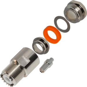 Conector UHF Hembra (SO-239) en Línea de Rosca para RG-8/U, 9913, LMR-400, Níquel/ Plata/ Teflón.