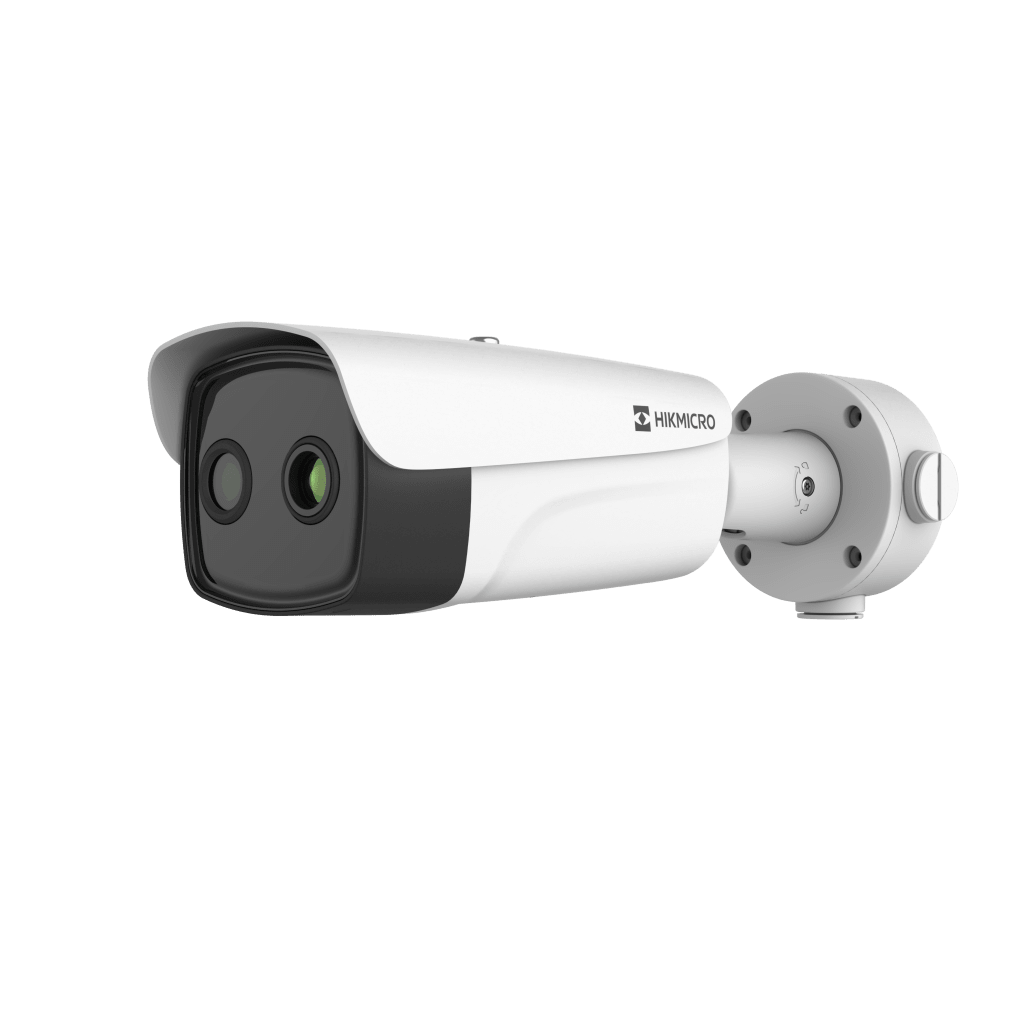 Bala IP Dual / Térmico 384 × 288 (15.4 mm) / Óptico 4 Megapixel (8 mm) / Termométrica / Detección de Temperatura / PoE+ / Exterior IP67 / IK10 / Recubrimiento Anticorrosivo / Micro SD