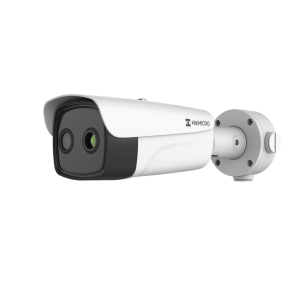 Cámara Bullet Dual Térmica y Óptica/ 256×192 Térmico + 5MP Óptico / IA para Detección Humana y Vehicular / Medición Temperatura -20°C a 150°C / Detección Fuego y Fumadores / IP67