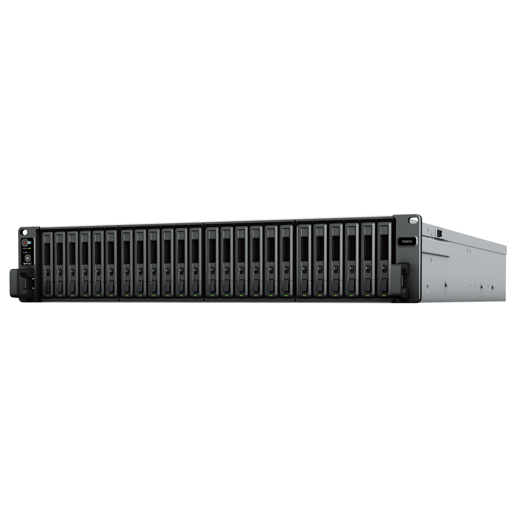 Servidor de Almacenamiento FlashStation FS3410 | 24 Bahías SSD SATA 2.5" | Intel Xeon D-1541 8 Núcleos | 16 GB RAM (Ampliable a 128 GB) | 356,500 IOPS Lectura | 129,400 IOPS Escritura | 4 Puertos 1GbE + 2 Puertos 10GbE