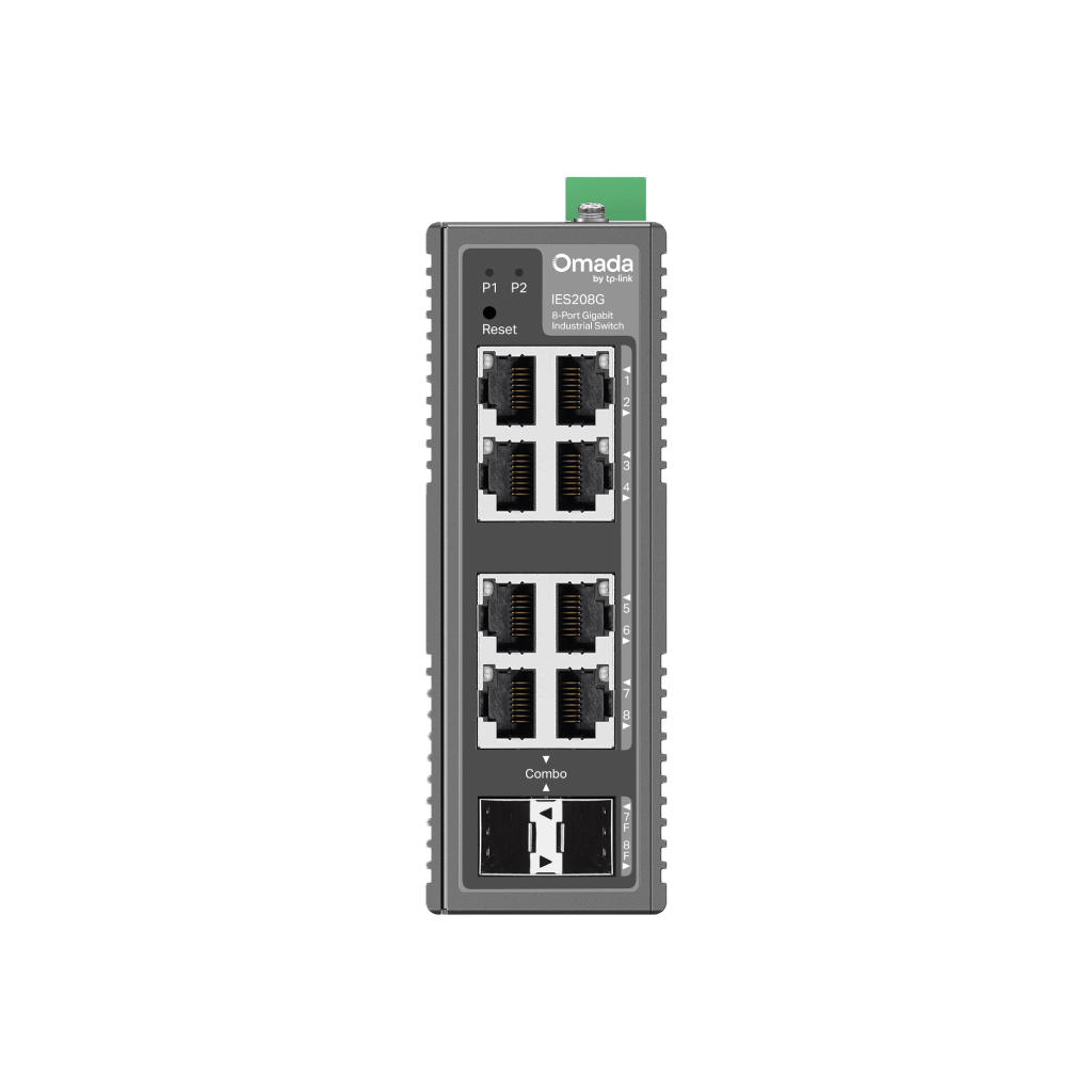 Switch Industrial Omada Easy Managed / 8 Puertos Gigabit (6× RJ45 + 2× RJ45/SFP Combo) / 16 Gbps Switching / -40°C a 75°C / Protección Rayos 6kV / Gestión Cloud / Montaje DIN Rail o Pared / IP40