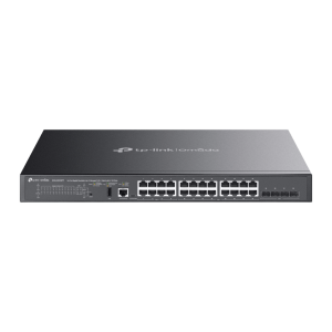 Switch Omada L3 SDN Administrable / 24 puertos PoE af/at Gigabit y 4 puertos SFP+ / Presupuesto PoE 720W / Funciones RIP, VRRP, Servidor DHCP / Administración centralizada OMADA / Fuente Redundante