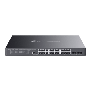 Switch L2+ Gestionado Omada / 24 Puertos Gigabit RJ45 + 4 Puertos 10G SFP+ / 16 Puertos PoE+ (30W) + 8 Puertos PoE++ (90W) / 128 Gbps Capacidad / 95.23 Mpps Forwarding / 500W PoE Budget / SDN Cloud Management