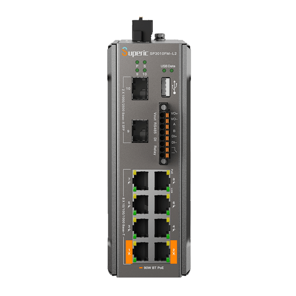 Switch de Red SP3010FM-L2 (V3) / 8 Puertos 10/100/1000Mbps PoE / 2 Puertos SFP 1000M/2.5Gbps / 240W PoE Budget / 26Gbps Capacidad de Conmutación / 19.3Mpps Tasa de Reenvío / DIN-Rail, Pared, Escritorio / -40?~75? / CE, FCC, RoHS, UKCA, R