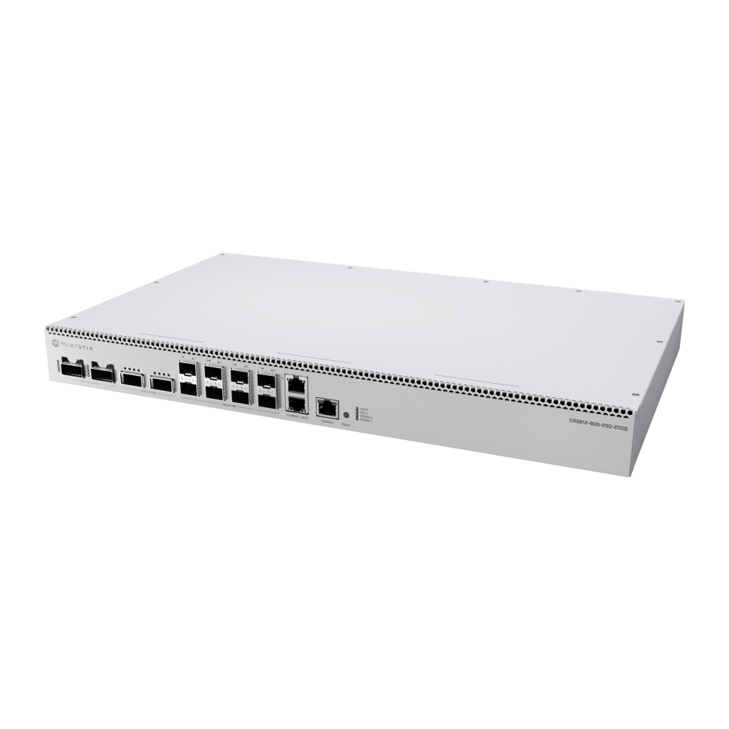 Switch de Red MikroTik CRS812 DDQ / 400 Gbps / 8 Puertos SFP56 de 50G / 2 Puertos QSFP56 de 200G / 2 Puertos QSFP56-DD de 400G / RouterOS v7 / ARM Quad-Core 2 GHz / 4 GB RAM / Rackmount