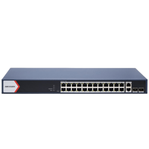Switch Gigabit PoE+ / Administrable / 24 Puertos 1000 Mbps PoE+ / 2 Puertos 1000 Mbps Uplink  / 2 Puertos SFP Uplink / Configuración Nube Hik-Partner Pro / Modo Extendido hasta 300 Metros / 230 W