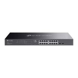 Switch Smart Omada 18 Puertos Gigabit / 16 Puertos PoE+ 802.3af/at / 2 Ranuras SFP Gigabit / Presupuesto PoE 150 W / Switching 36 Gbps / Enrutamiento Estático L2+ / Gestión Cloud SDN / Fanless / Montable en Rack