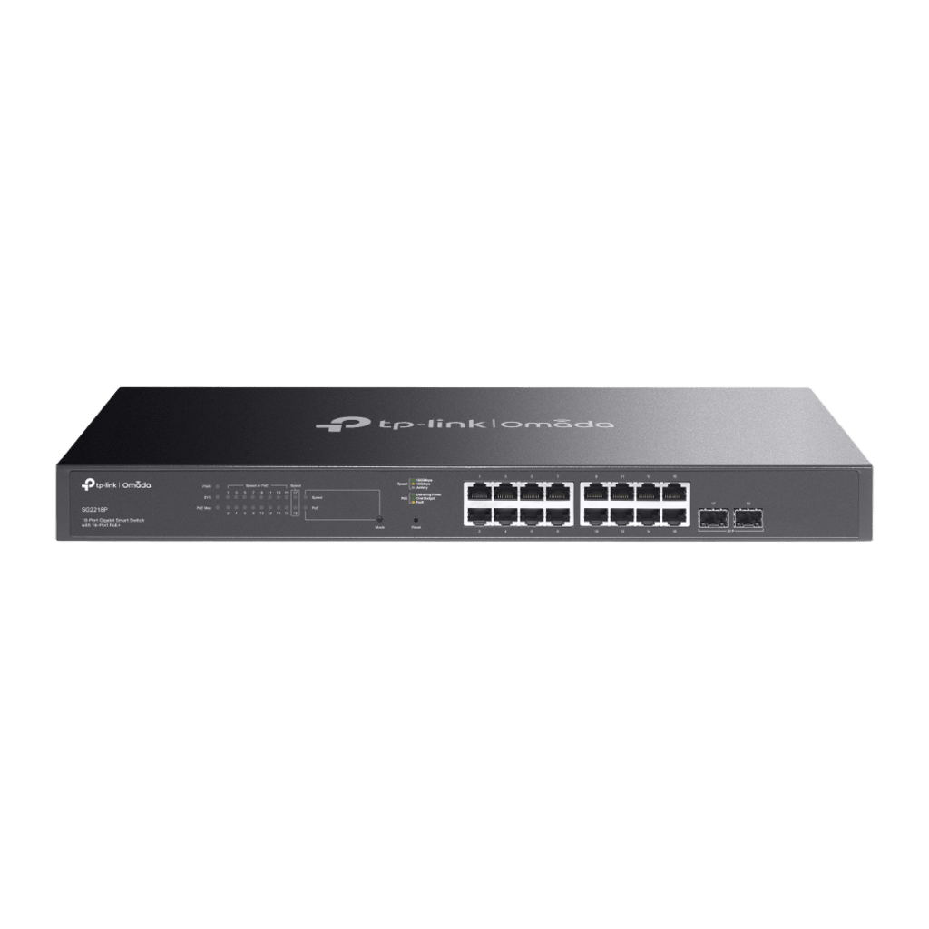 Switch Smart Omada 18 Puertos Gigabit / 16 Puertos PoE+ 802.3af/at / 2 Ranuras SFP Gigabit / Presupuesto PoE 150 W / Switching 36 Gbps / Enrutamiento Estático L2+ / Gestión Cloud SDN / Fanless / Montable en Rack