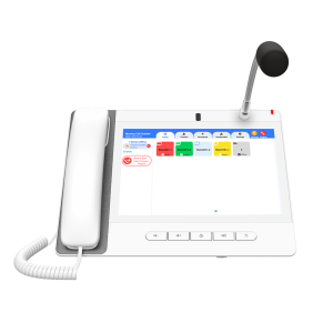 Teléfono IP Color Blanco Android 9.0 Empresarial para voceo 20 líneas SIP, pantalla táctil, Wi-Fi y Bluetooth, PoE, Voceo/ Musica por Multicast, puertos Gigabit, Sofware de Enfermeria