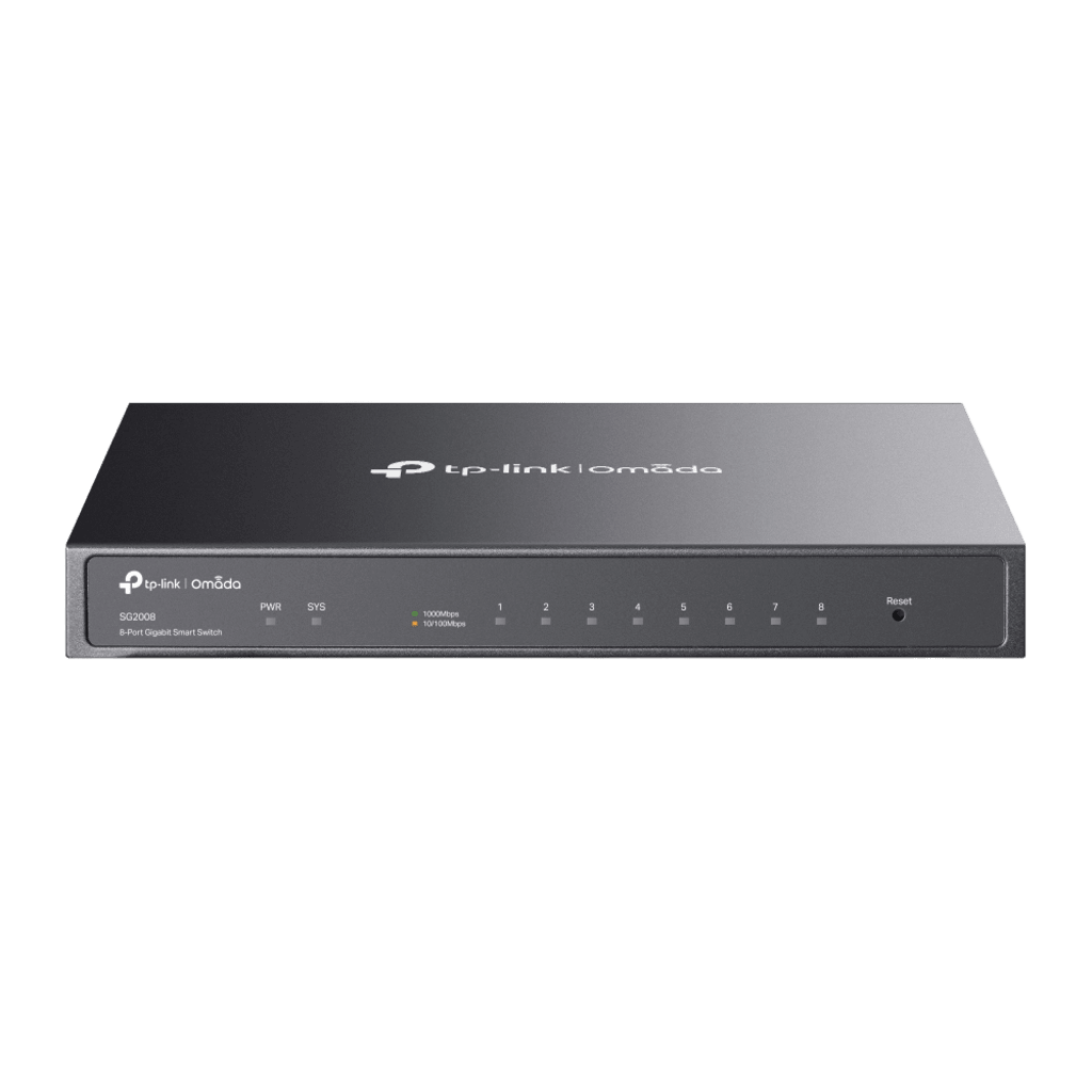 Switch Administrado Gigabit 8 Puertos / Omada SDN / 16 Gbps Capacidad Switching / Gestión Cloud y Local / VLAN / QoS / ACL / Sin Ventiladores / Montaje Pared-Escritorio