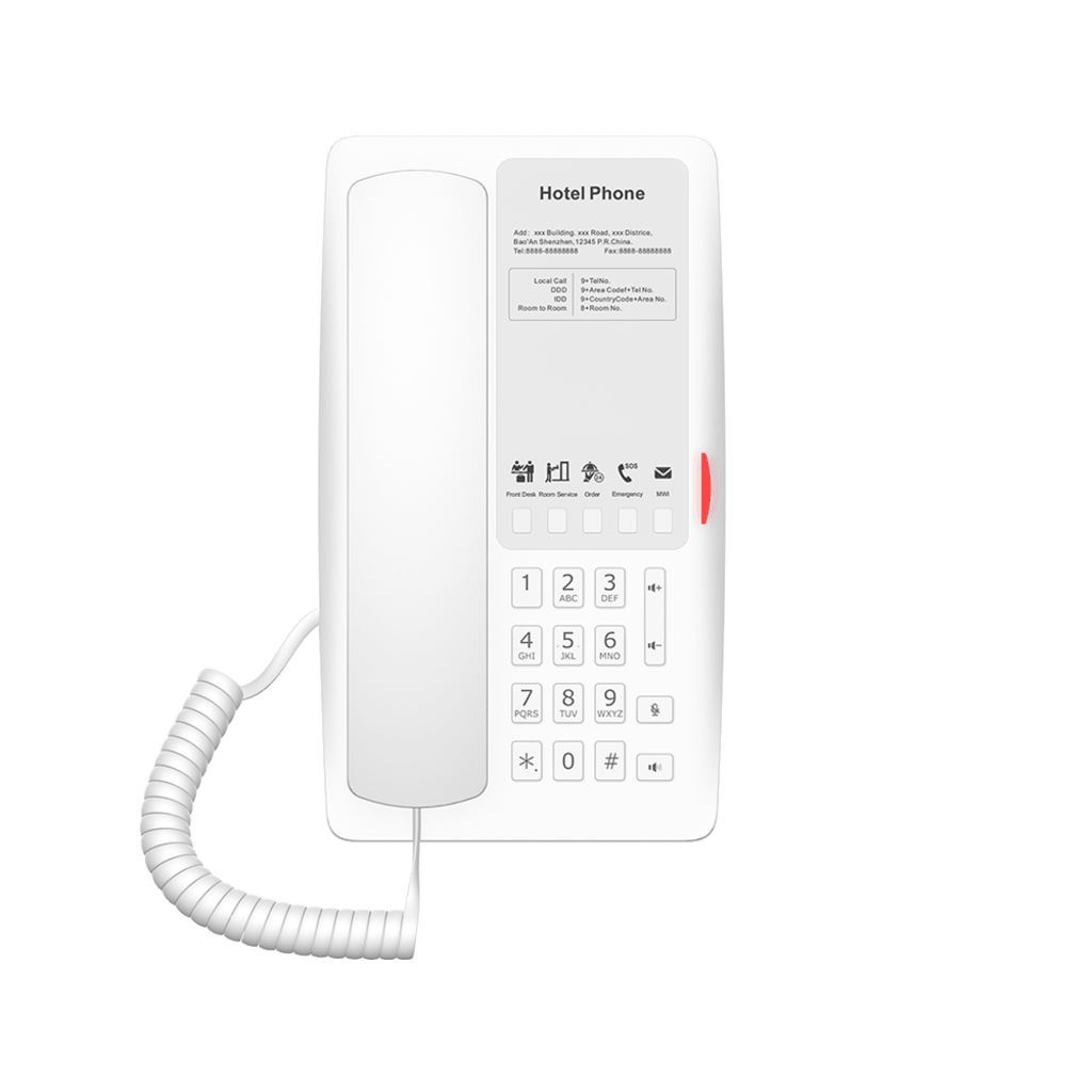 Teléfono IP Hotelero / 2 Líneas SIP / 5 Teclas Programables / Puerto USB-A de Carga / PoE 802.3af / Diseño Blanco / Audio HD Manos Libres