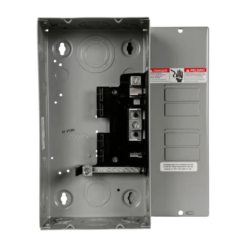 Centro de carga monofásico para empotrar. 1 Fase, 3 Hilos para interruptores QT, de 4 polos - 8 Circuitos, 120/240vca, Barras de aluminio 125 Amp, Nema 1.