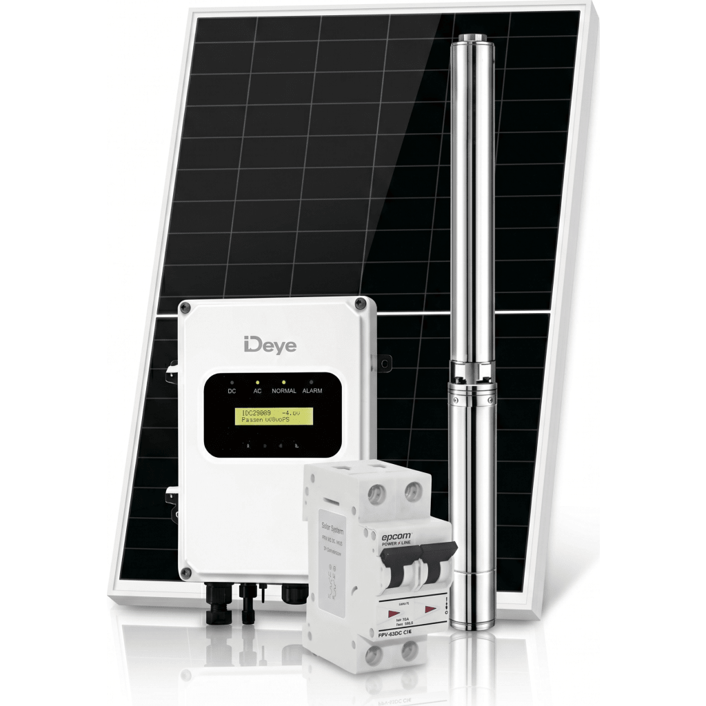 Kit de Bombeo Solar 2200W (3 HP) / Bomba Sumergible con Controlador H?brido AC/DC 136-264VAC / 108-403VCD / 5 M?dulos Solares 540W / Interruptor Termomagn?tico 2P 20A 800V CC / Protector de Descargas Atmosf?ricas / Gabinete IP66