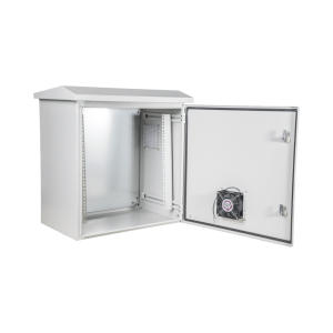 Kit Gabinete Ventilado de Acero, Montaje Rack 19" 11U, IP55 Uso en Exterior (593 x 609 x 399 mm) con Placa Trasera Interior Metálica y Compuerta Inferior Atornillable. Incluye Ventilador, Ventilas, filtros, Terminal de Tierra Física, Ch