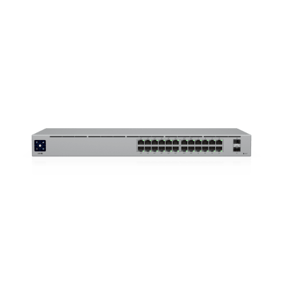 Switch UniFi Capa 2 / 24 Puertos Gigabit / 16 Puertos PoE+ 802.3af/at / 95W Total / 2 Puertos SFP 1G / Pantalla LCM / Sin Ventilador (USW-24-POE)